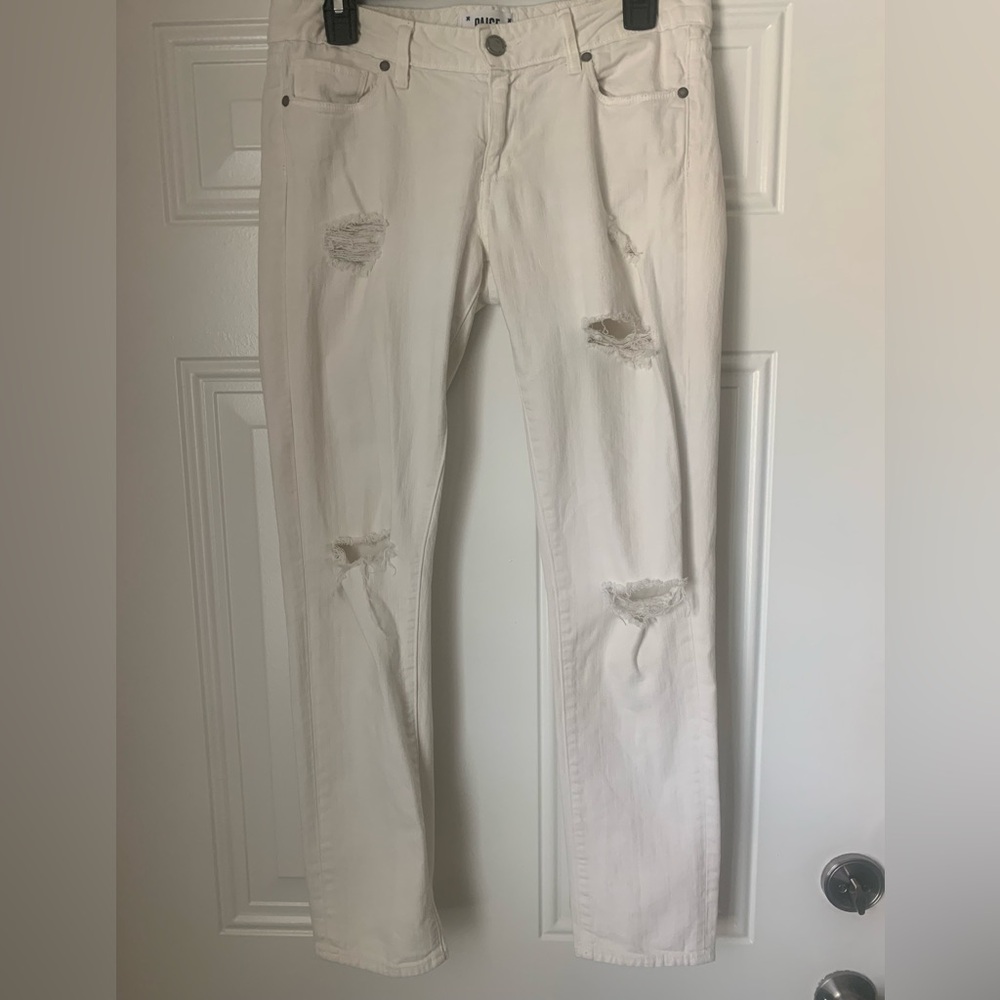 PAIGE White Skyline Ankle Peg White Distressed Mid Rise Jeans Size 28